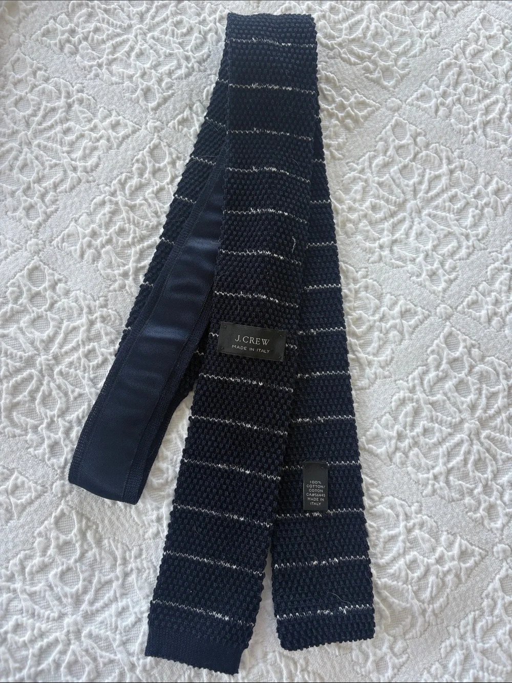 J. Crew Navy Knit Tie with Silver Stripes